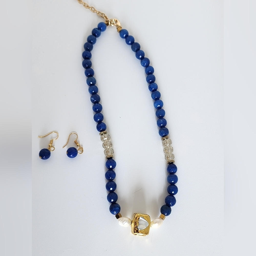 Blue Agate Mother of Pearl Necklace Set Gold Handmade 18”